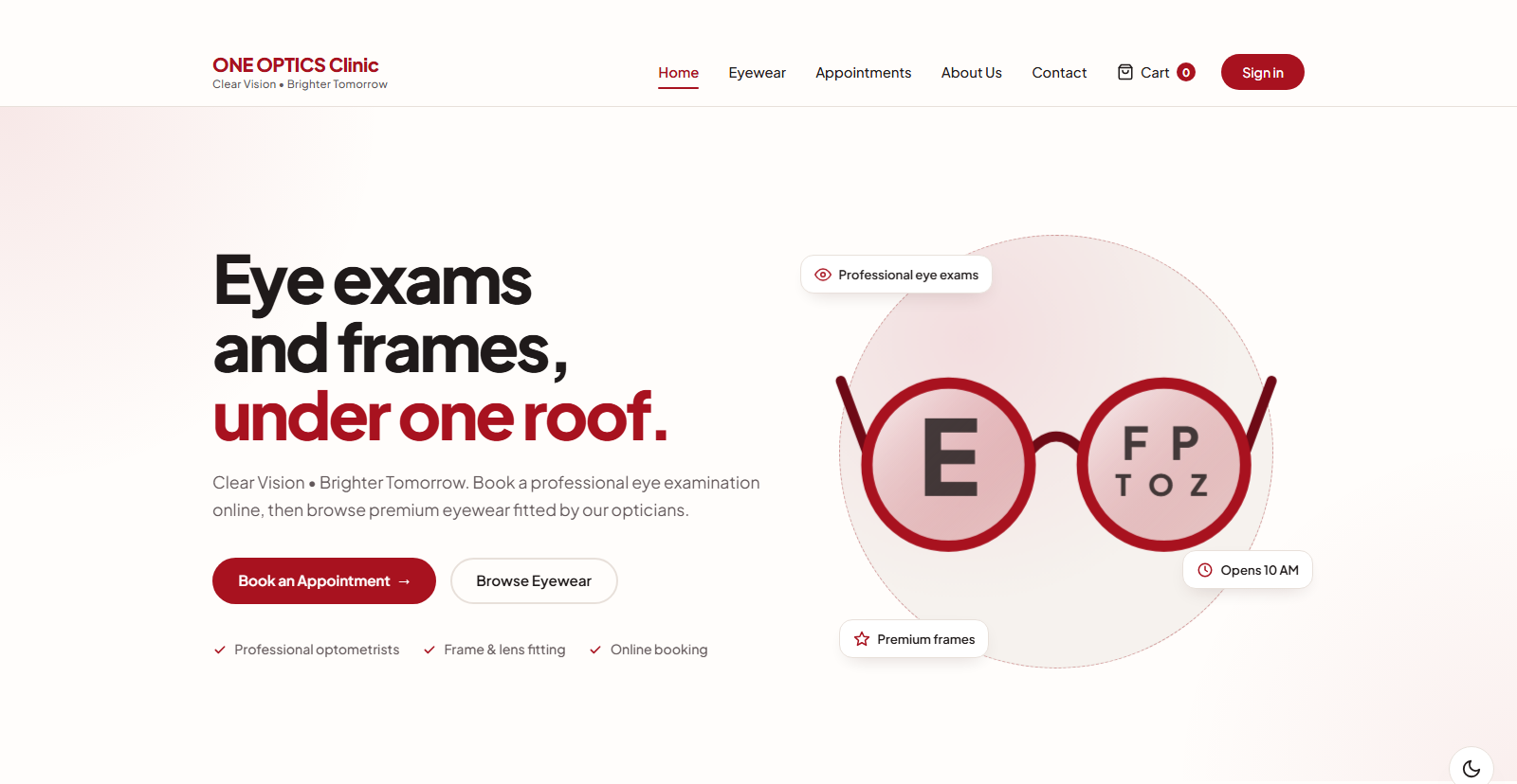 One Optics Clinic — online booking and eyewear platform for an optical clinic